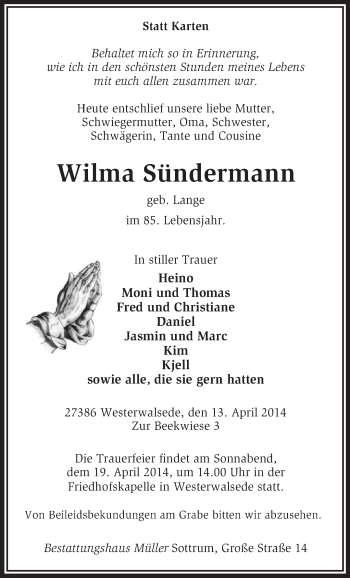 Traueranzeige von Wilma Sündermann von KRZ