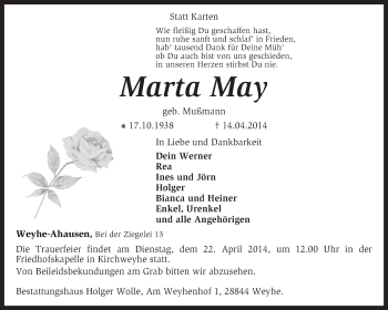 Traueranzeige von Marta May von KRZ