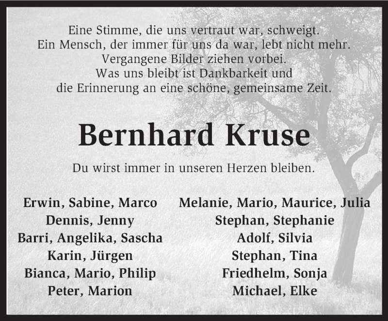  Traueranzeige für Bernhard Kruse vom 16.04.2014 aus KRZ