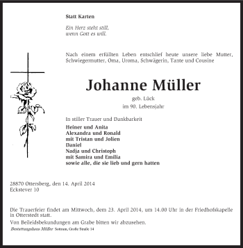 Traueranzeige von Johanne Müller von KRZ