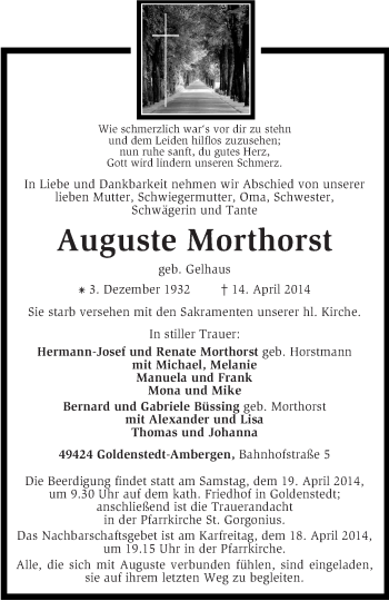 Traueranzeige von Auguste Morthorst von KRZ