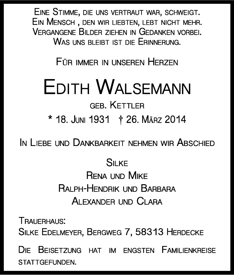  Traueranzeige für Edith Walsemann vom 19.04.2014 aus KRZ