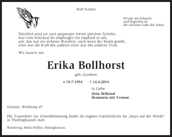 Traueranzeige von Erika Bollhorst von KRZ