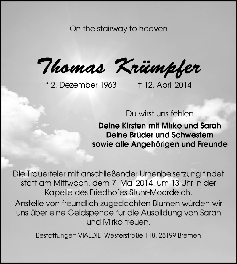  Traueranzeige für Thomas Krümpfer vom 19.04.2014 aus KRZ