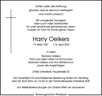 Traueranzeige von Harry Oelkers von KRZ