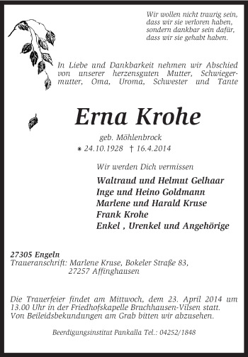 Traueranzeige von Erna Krohe von KRZ