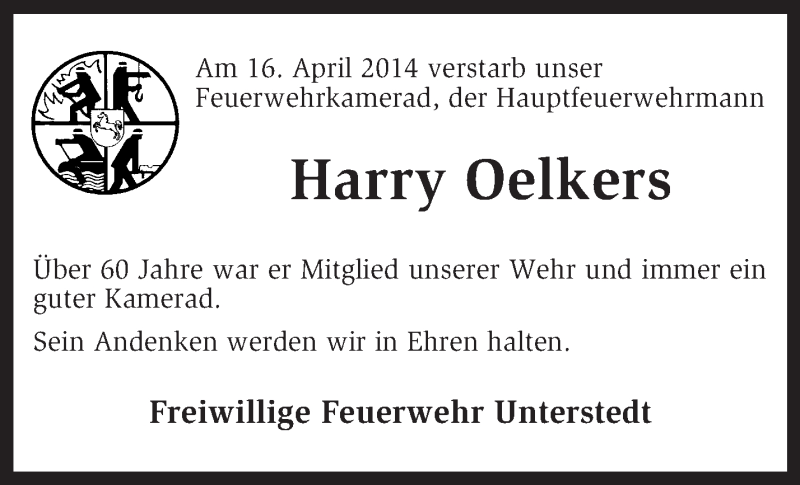  Traueranzeige für Harry Oelkers vom 19.04.2014 aus KRZ