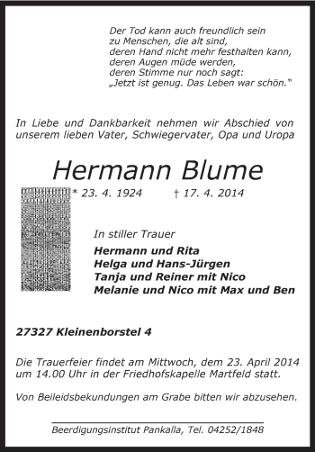 Traueranzeige von Hermann Blume von KRZ