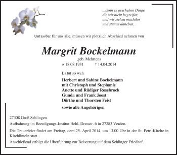 Traueranzeige von Margrit Bockelmann von KRZ