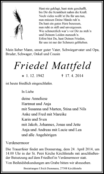 Traueranzeige von Friedel Mattfeld von KRZ