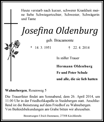 Traueranzeige von Josefiina Oldenburg von KRZ