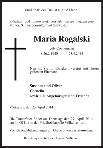 Traueranzeige von Maria Rogalski von KRZ