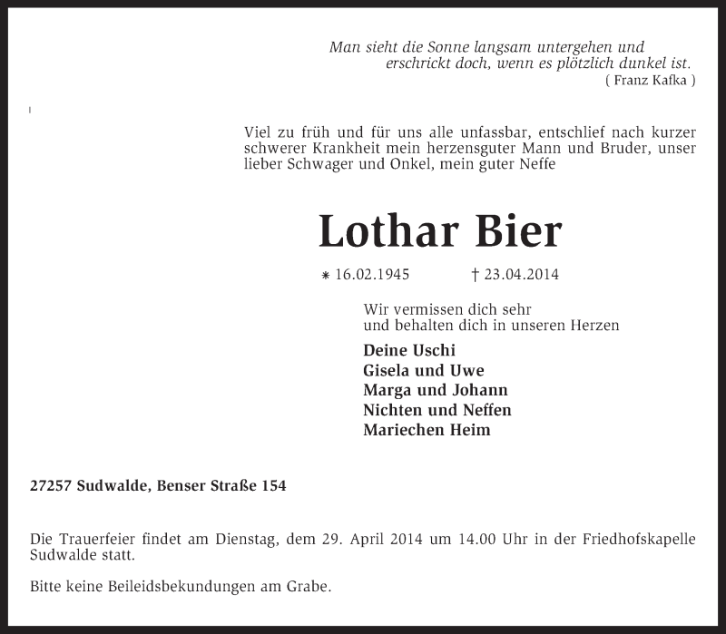  Traueranzeige für Lothar Bier vom 25.04.2014 aus KRZ