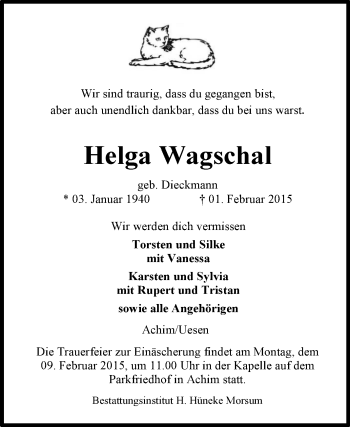 Traueranzeige von Helga Wagschal von Kreiszeitung