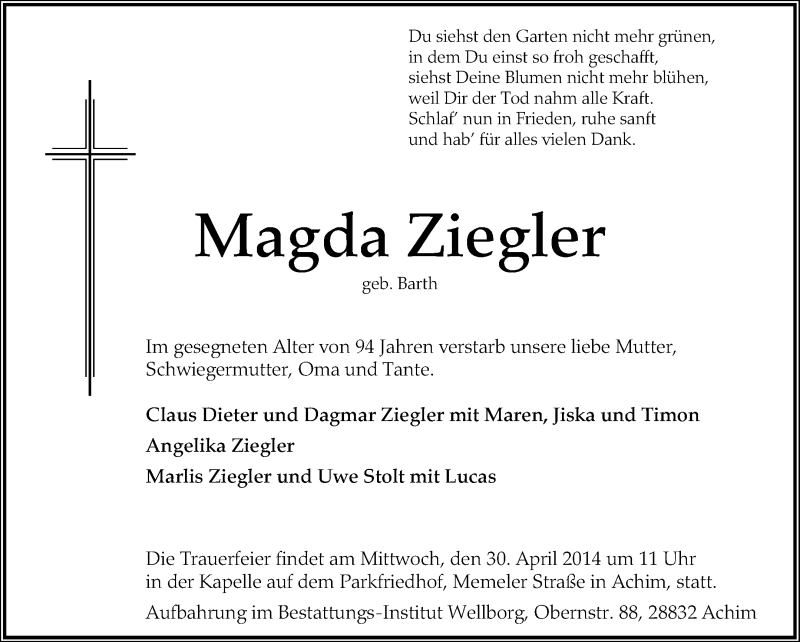  Traueranzeige für Magda Ziegler vom 26.04.2014 aus KRZ