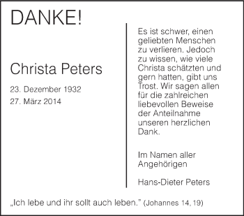Traueranzeige von Christa Peters von KRZ