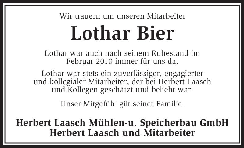  Traueranzeige für Lothar Bier vom 26.04.2014 aus KRZ