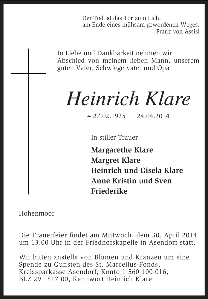  Traueranzeige für Heinrich Klare vom 26.04.2014 aus KRZ