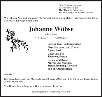 Traueranzeige von Johanne Wöbse von KRZ