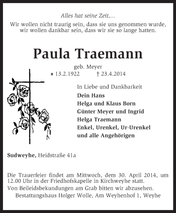 Traueranzeige von Paula Traemann von KRZ