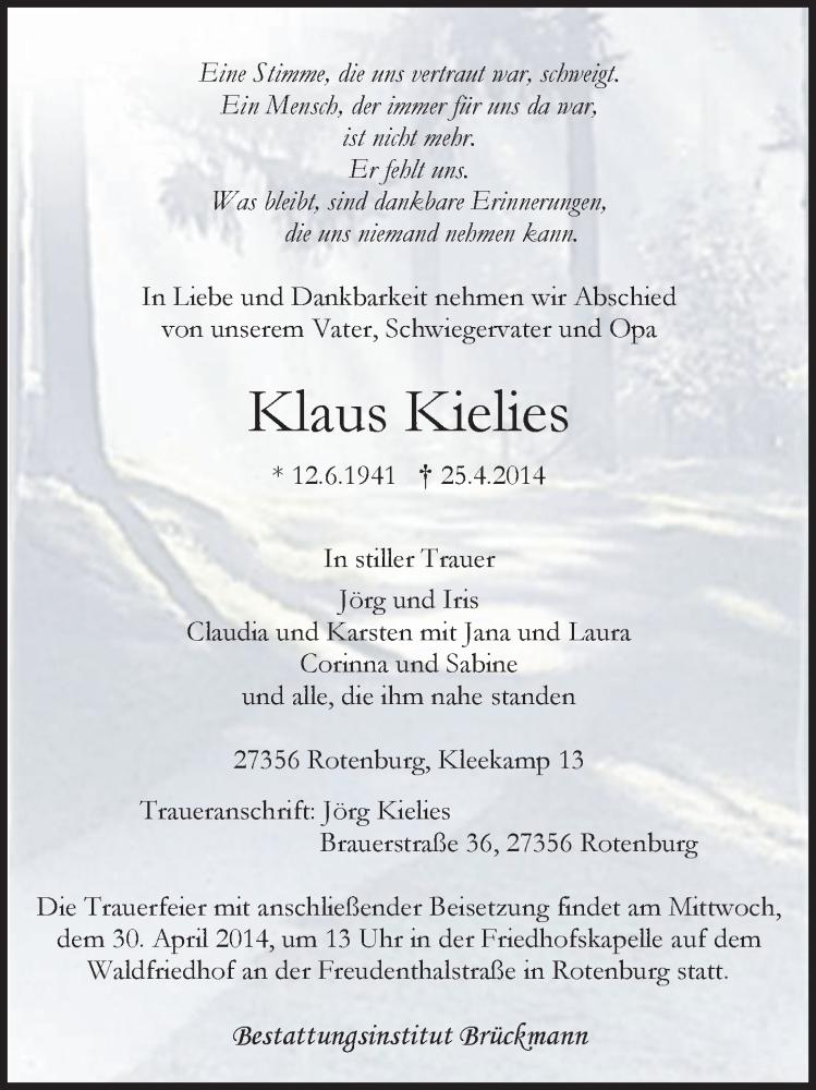  Traueranzeige für Klaus Kielies vom 28.04.2014 aus KRZ