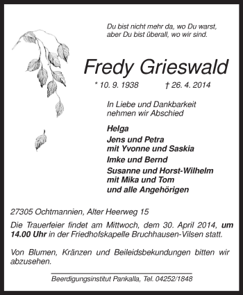 Traueranzeige von Fredy Grieswald von KRZ