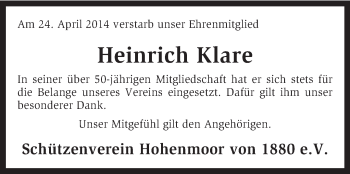 Traueranzeige von Heinrich Klare von KRZ