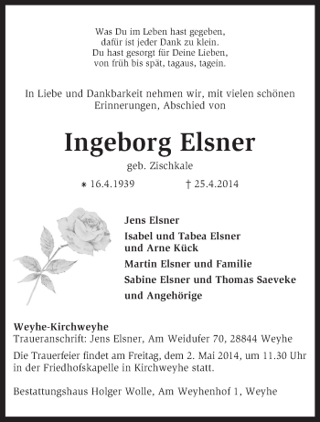 Traueranzeige von Ingeborg Elsner von KRZ