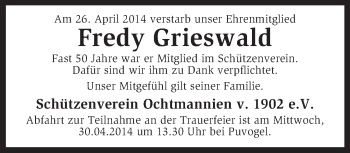 Traueranzeige von Fredy Grieswald von KRZ