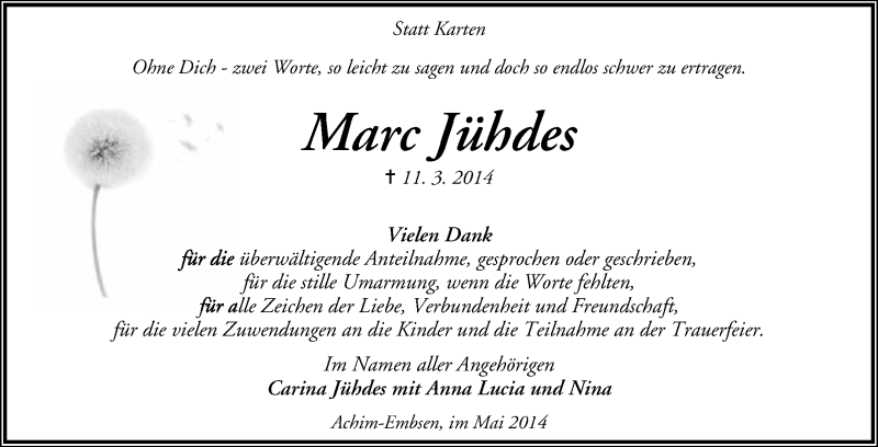  Traueranzeige für Marc Jühdes vom 03.05.2014 aus KRZ