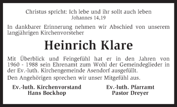 Traueranzeige von Heinrich Klare von KRZ