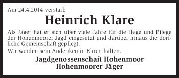 Traueranzeige von Heinrich Klare von KRZ