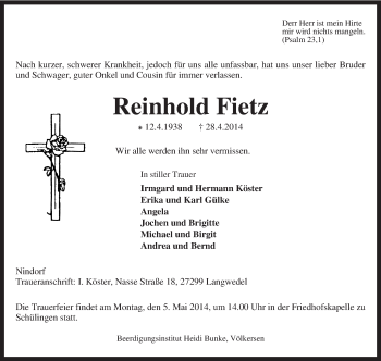 Traueranzeige von Reinhold Fietz von KRZ