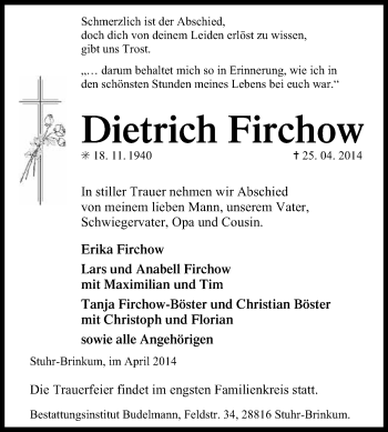 Traueranzeige von Dietrich Firchow von KRZ