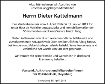 Traueranzeige von Dieter Kattelmann von KRZ