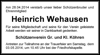 Traueranzeige von Heinrich Wehausen von KRZ