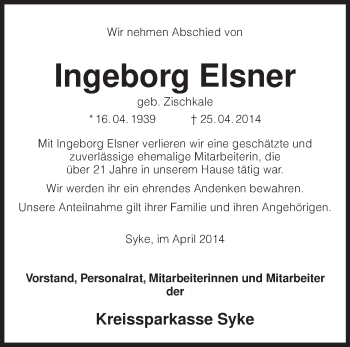 Traueranzeige von Ingeborg Elsner von KRZ