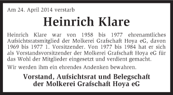 Traueranzeige von Heinrich Klare von KRZ