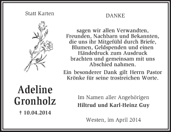 Traueranzeige von Adeline Gronholz von KRZ