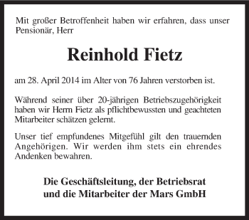 Traueranzeige von Reinhold Fietz von KRZ