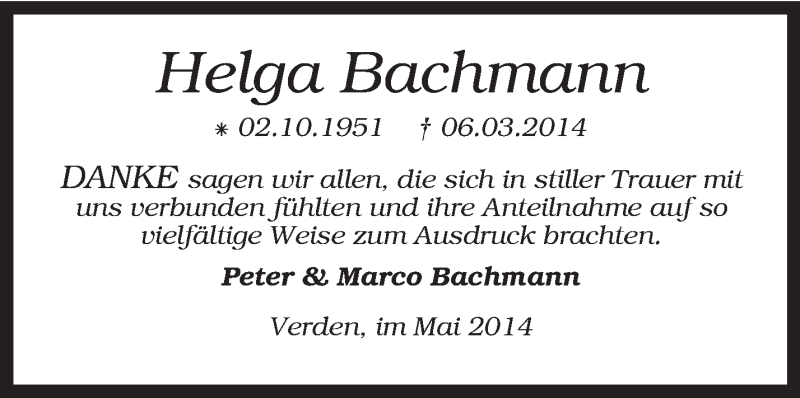  Traueranzeige für Helga Bachmann vom 03.05.2014 aus KRZ