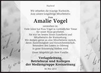 Traueranzeige von Amalie Vogel von KRZ