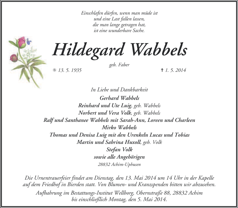  Traueranzeige für Hildegard Wabbels vom 03.05.2014 aus KRZ