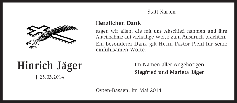  Traueranzeige für Hinrich Jäger vom 03.05.2014 aus KRZ