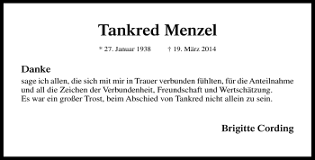 Traueranzeige von Tankred Menzel von KRZ