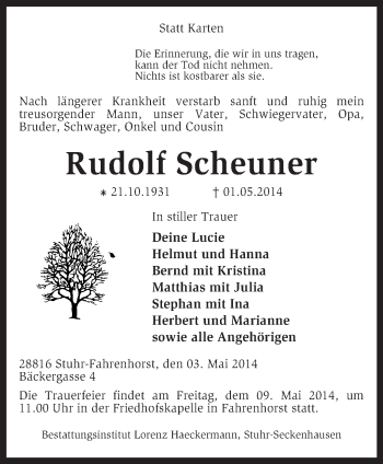 Traueranzeige von Rudolf Scheuner von KRZ