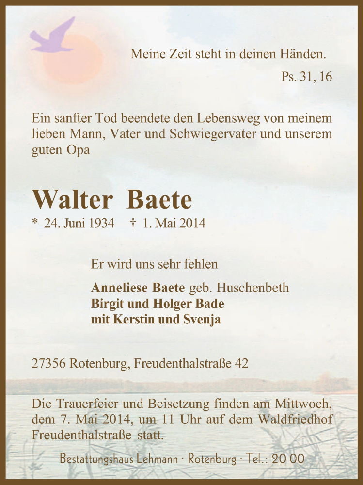  Traueranzeige für Walter Baete vom 03.05.2014 aus KRZ