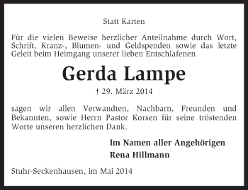 Traueranzeige von Gerda Lampe von KRZ