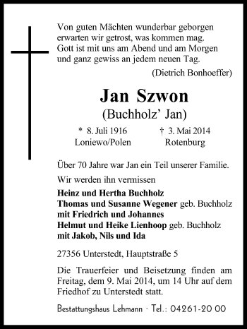 Traueranzeige von Jan Szwon von KRZ