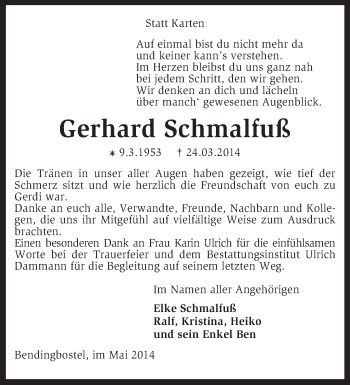 Traueranzeige von Gerhard Schmalfuß von KRZ